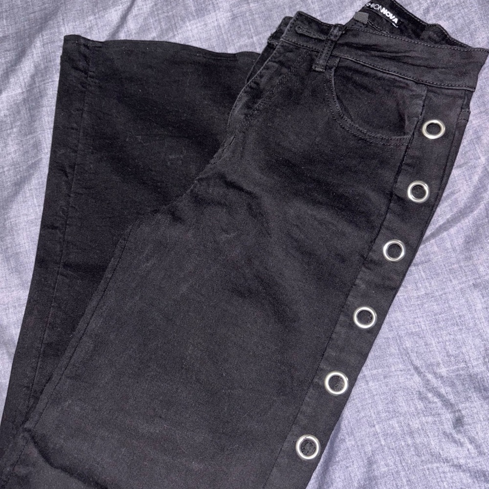 Fashion Nova Black Wide-Leg Jeans with Silver Grommet Trim